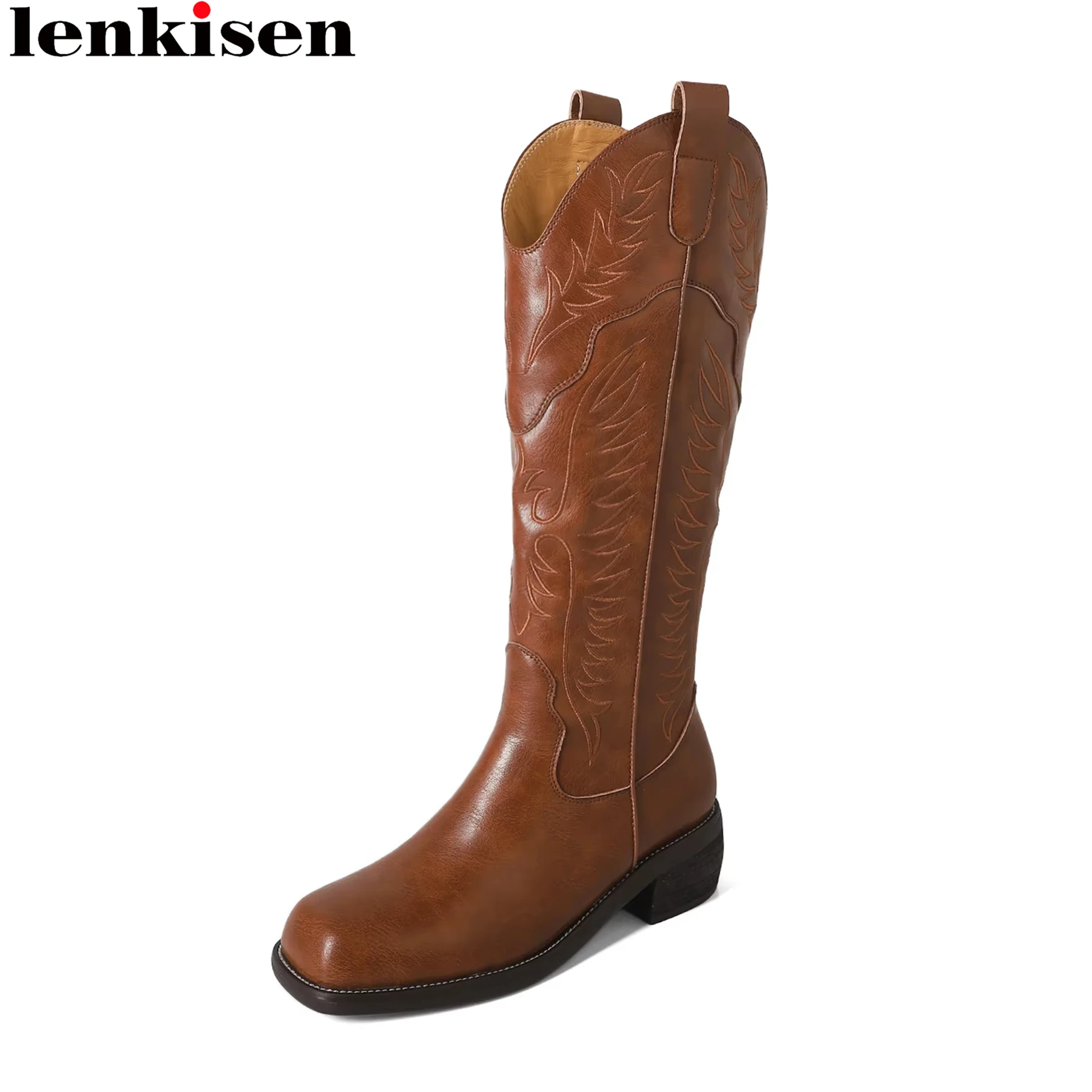 Lenkisen Cow Leather Chunky High Heels Riding Western Boots Casual Winter Fall Sewing Platform Vintage Women Thigh High Boots