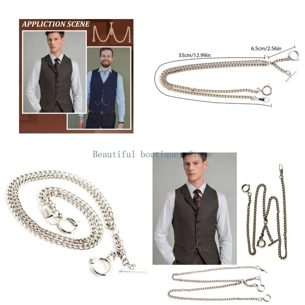 U4LF Double Albert Chain Vintage Pocket Watch Chain Curb Link Chain Clip Pocket Chain for Pocket Watch Keys Pendants