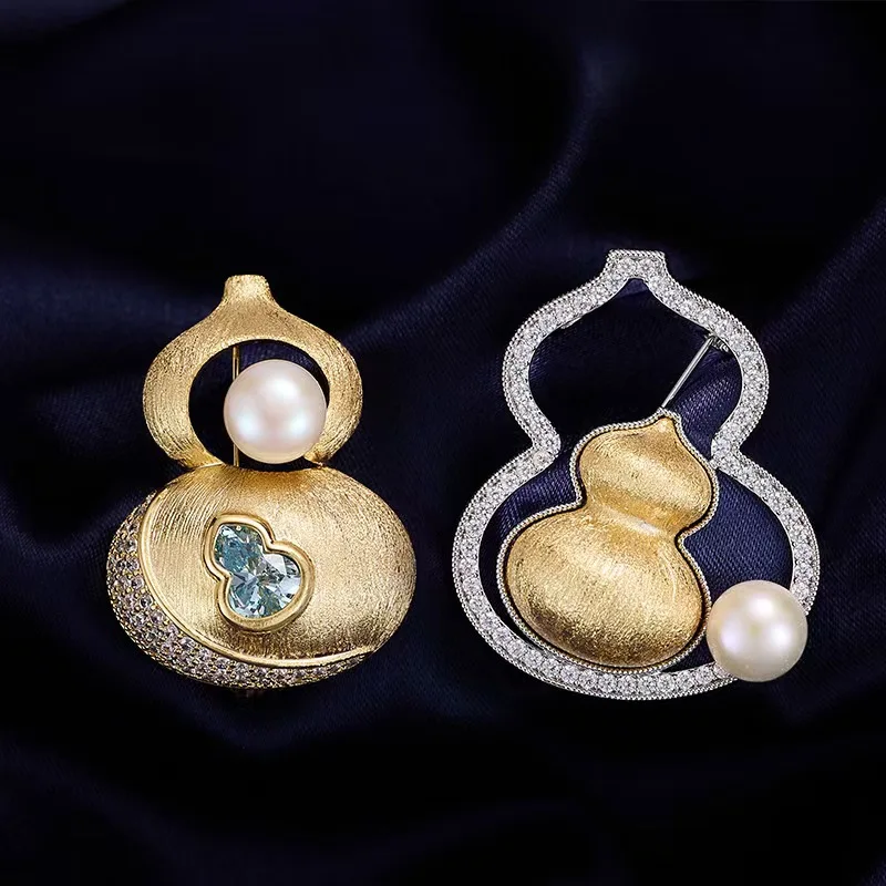 

New Chinese Style Brushed Gourd Freshwater Pearl Brooch Vintage Elegant High-end Niche Cheongsam Coat Brooch