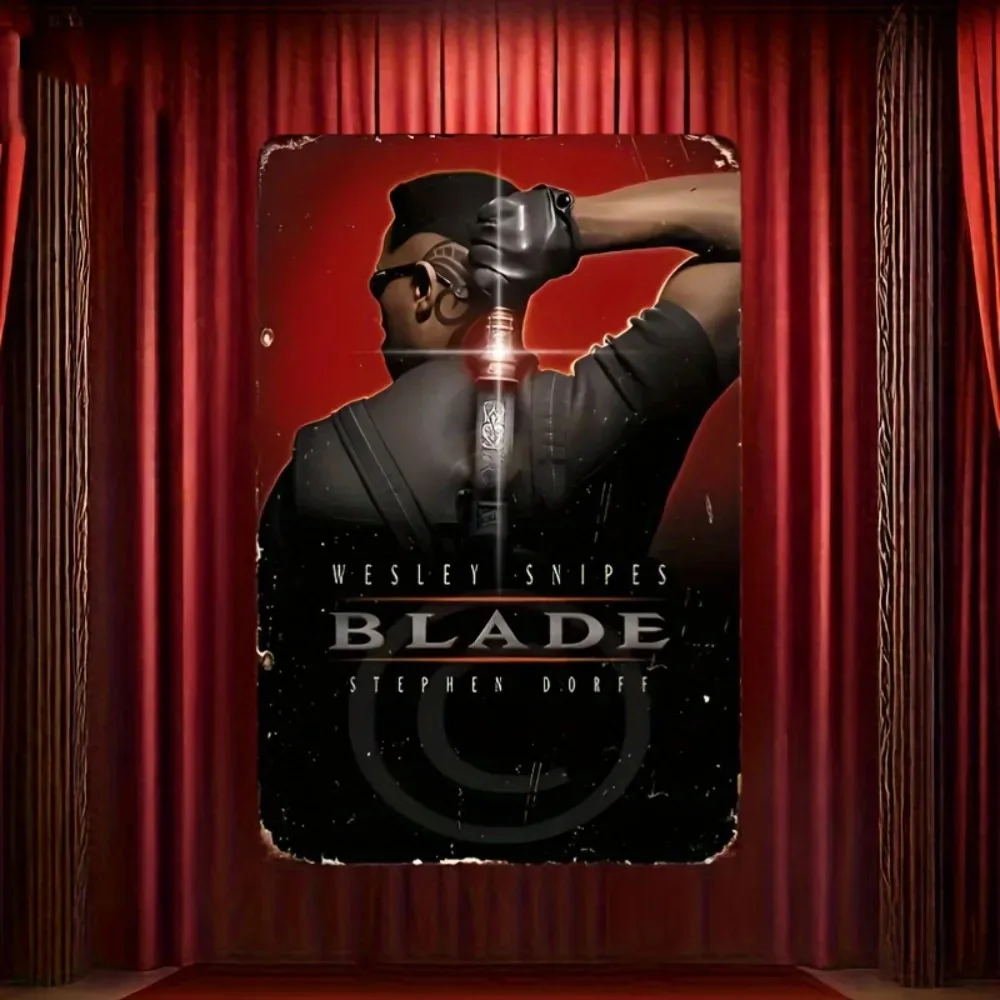 

RETROFILMZ "Blade Vampire Hunter Legacy" Distressed Tinplate Sign – Vintage Metal Art with Silver Blade & Sunglasses Motif