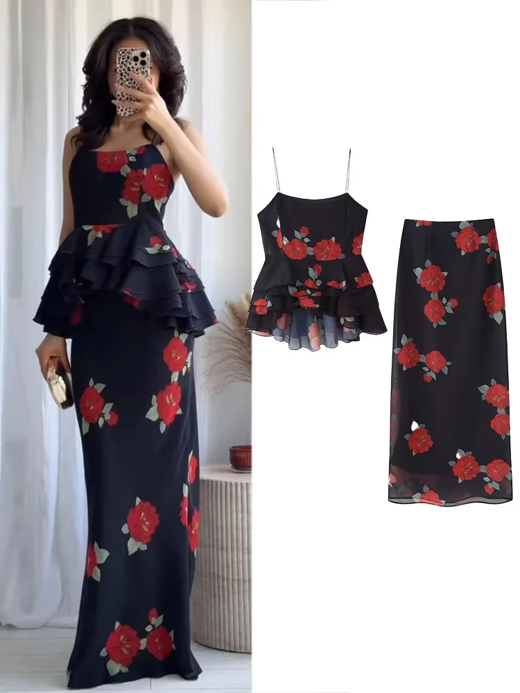 

HH Summer Women Skirt Sexy 2-Piece Set Backless Flower Printed Laminated Decorative Suspender Top+High Waist Slim Midi Skirt