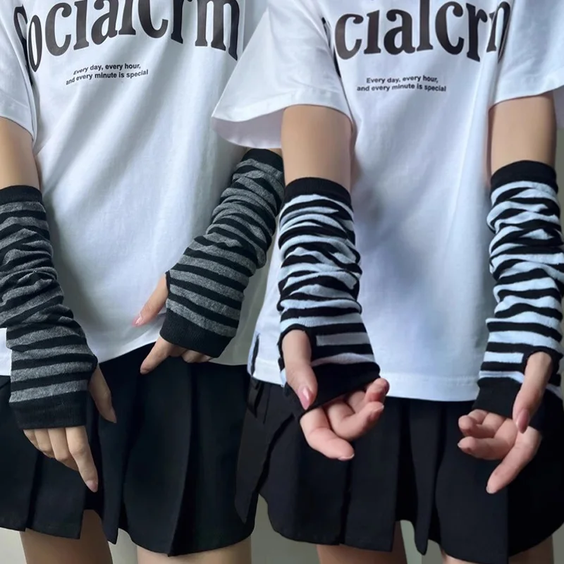 Unisex Gothic Lolita Gloves Arm Cover Harajuku Arm Warmers Black Grey Striped Fingerless Punk Long Wristband Metallic Gloves