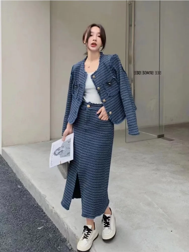 Spring Autumn New Luxury Korean Fashion Vintage Women Tweed 2 Piece Set Long Sleeves Coat Outwer + Casual Party Long Skirt Suits