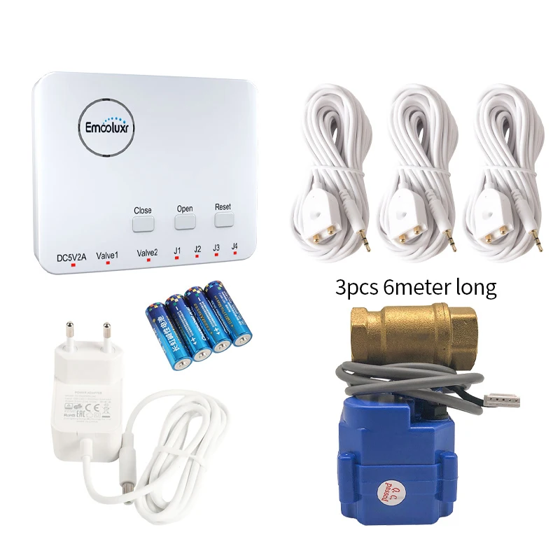 

Water Leakage Protection System with DN15=1/2", DN20= 3/4" ,DN25=1" Brass Valve and 3pc 6M Water Sensor, Batteries Plug Powered