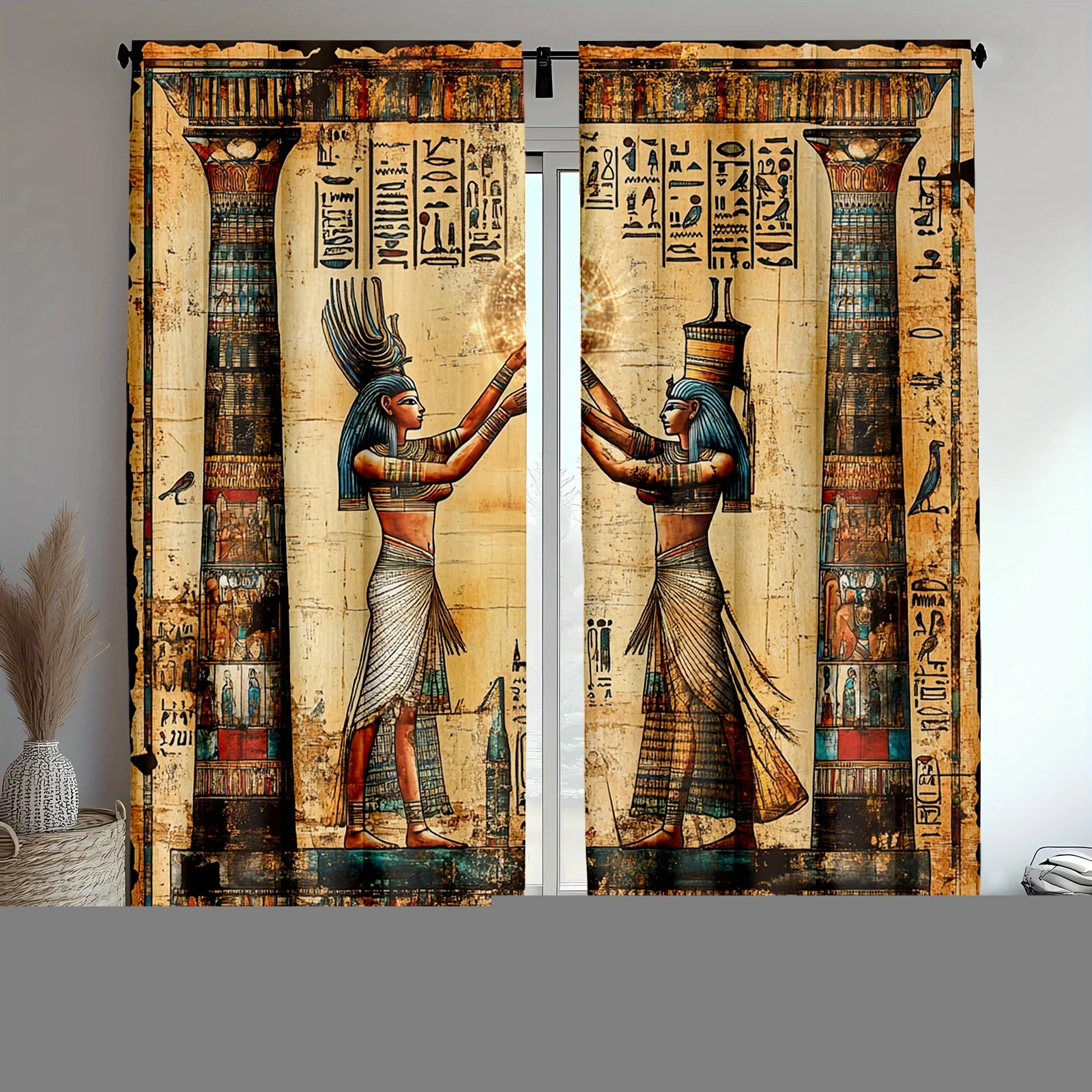 2pcs Ancient Egyptian Sheer Polyester Curtains with Pharaoh Hieroglyph Print & Rod Pocket – for Bedroom & Living Room Decor