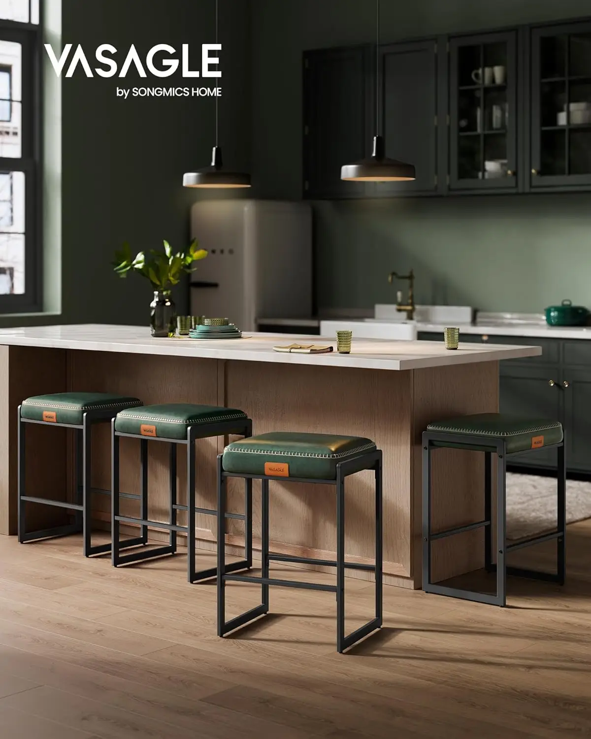 Vasagle Ekho Collection - Bar Stools Set Of 4, Counter Height Bar Stools, Synthetic Leather With Stitching, Mid-Century Modern