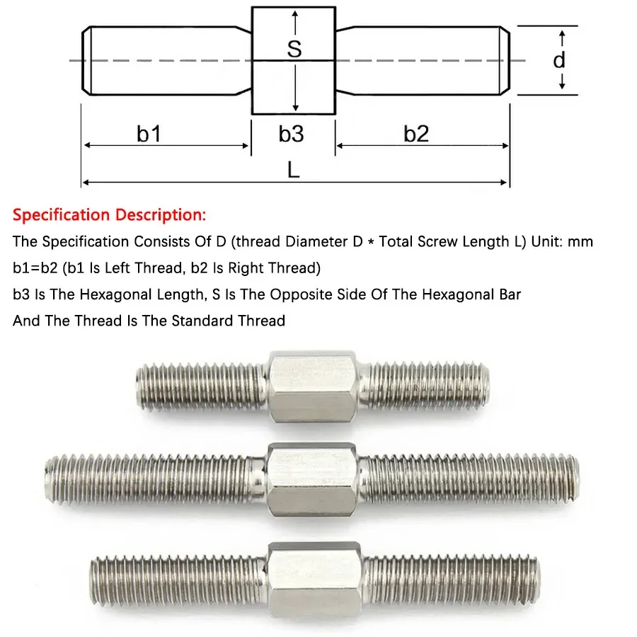 M3 M4 M5 M6 M8 M10 M12 M14 M16 A2 304 Stainless Steel Double End Studs Bolt Left and Right Thread Screw Rod Stud Bolt