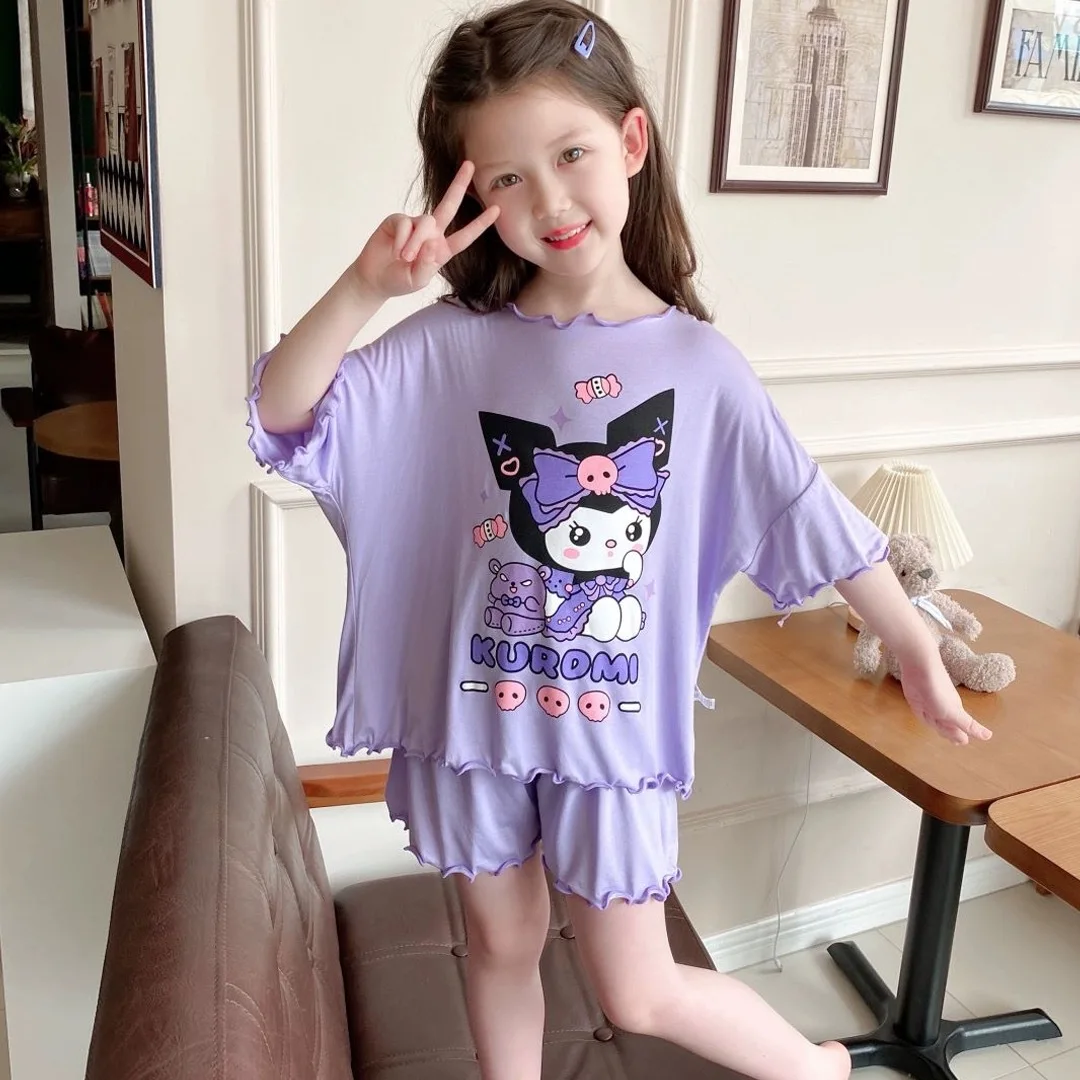 Kuromi Cinnamoroll Children\'s Pajamas Girls Summer Thin Short Sleeved Shirts Pants Suit My Melody Sanrio Kids Home Clothing Set