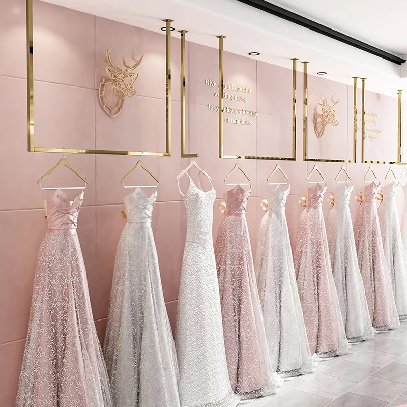 Luxury Gold Wedding Dress Hanger Display Rack Stainless Steel Material Shelf Ceiling Mount For Bridal Shop/Clothing Store Decor