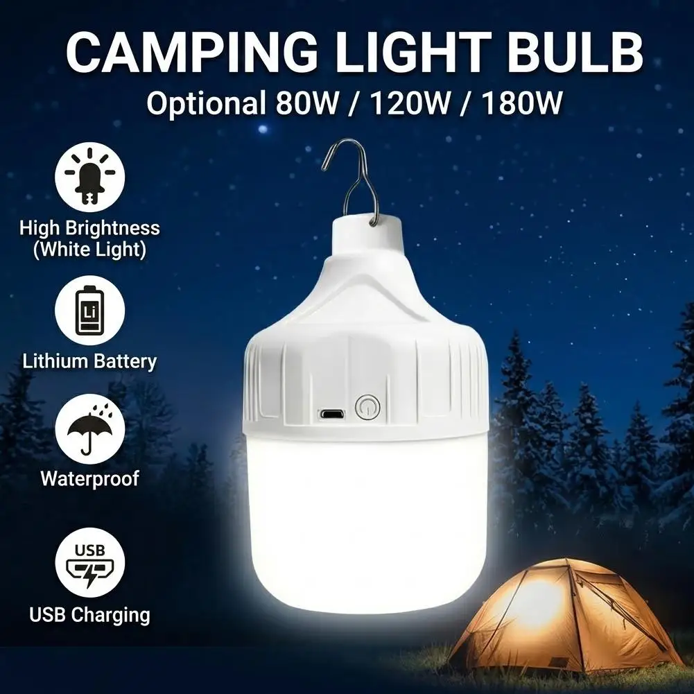Portable Hanging LED Camping Light Bulb USB Rechargeable Emergency Bulb Light with Metal Hook 3 Lighting Modes Waterproof