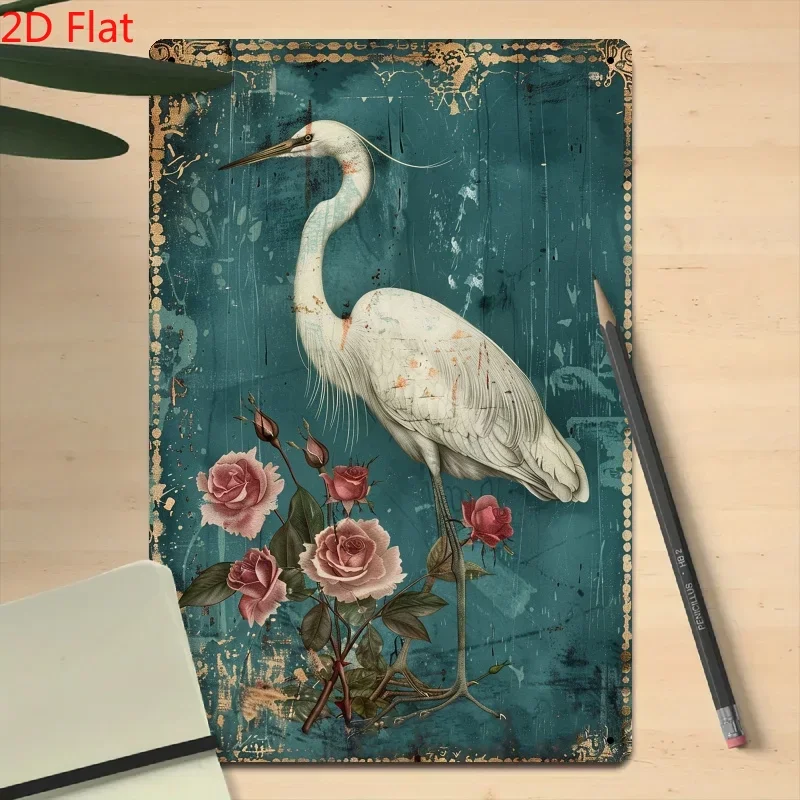Vintage Heron and Rose Metal Sign 8X12 Rustic Iron Wall Artwork Garden Nature Decorations, Suitable for Living Room Bedroom