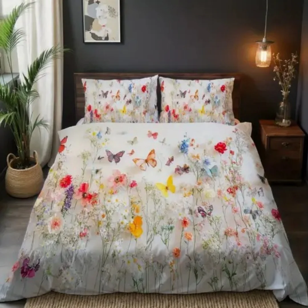 الدوبامين الملونة الأزهار رومانسية غطاء لحاف الملكة الملك الحجم الربيع الأزهار نمط طقم سرير غرفة ديكور 3 قطعة مجموعة لا لحاف