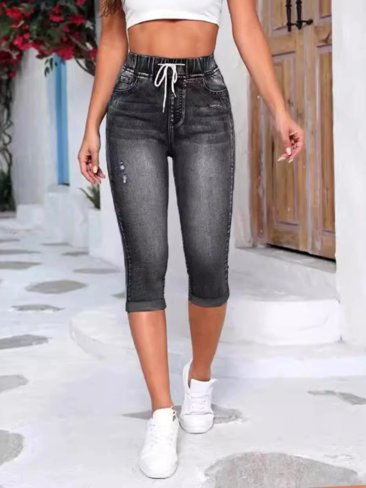 Pantalones Vaqueros de Mezclilla Elásticos con Roturas, Corte a la Altura de la Rodilla, Cintura Alta, Pierna Recta, Azul Oscuro, Primavera-Otoño, para Mujer...