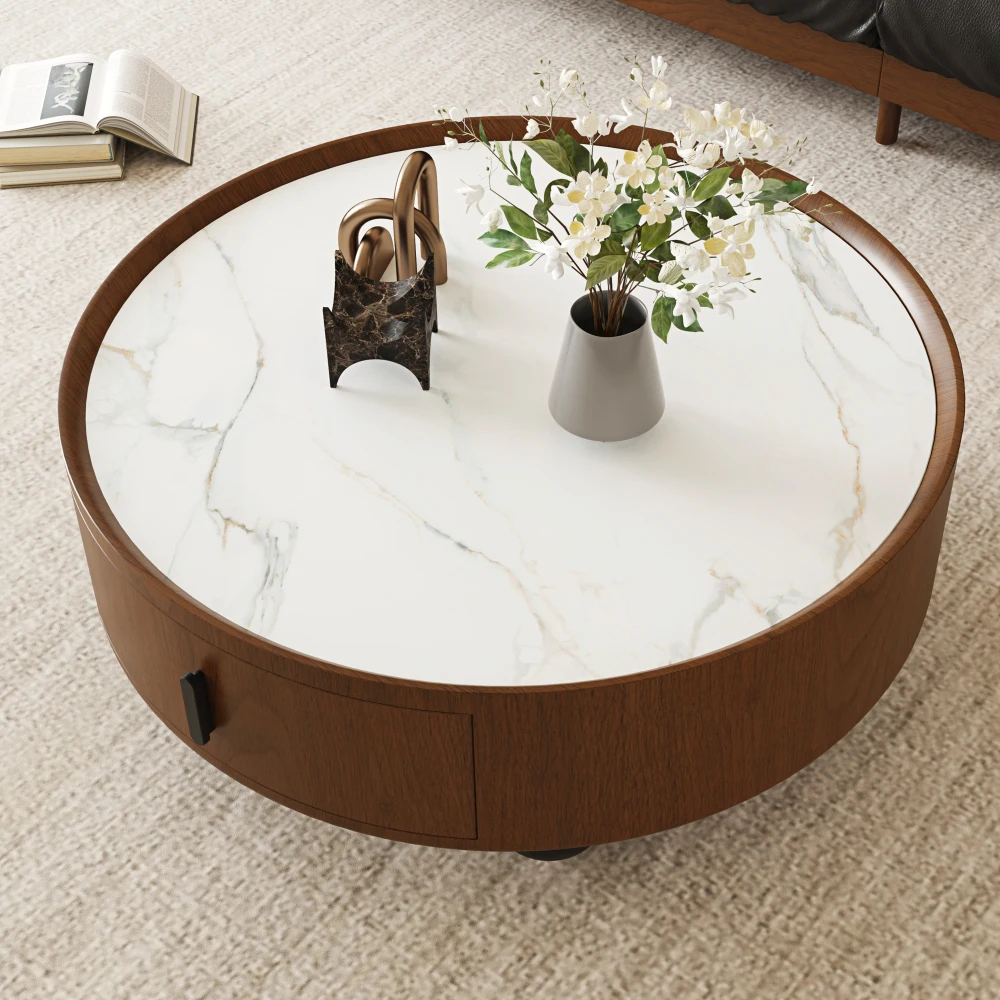 Marble-Look Stone Top Coffee Table with Pull Handle Storage Drawer and Matte Black Ball Feet, Mid-Century Edge Cocktail Table