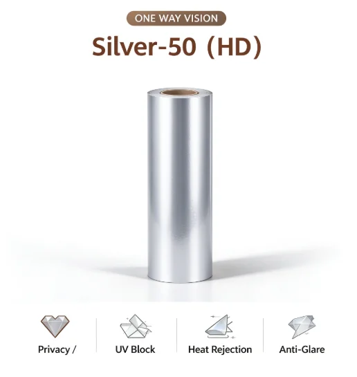 Silver 50 HD Window Film Roll PET Solar Control Anti Glare One Way Privacy Tint Simple DIY Installation For Vehicle House Glass