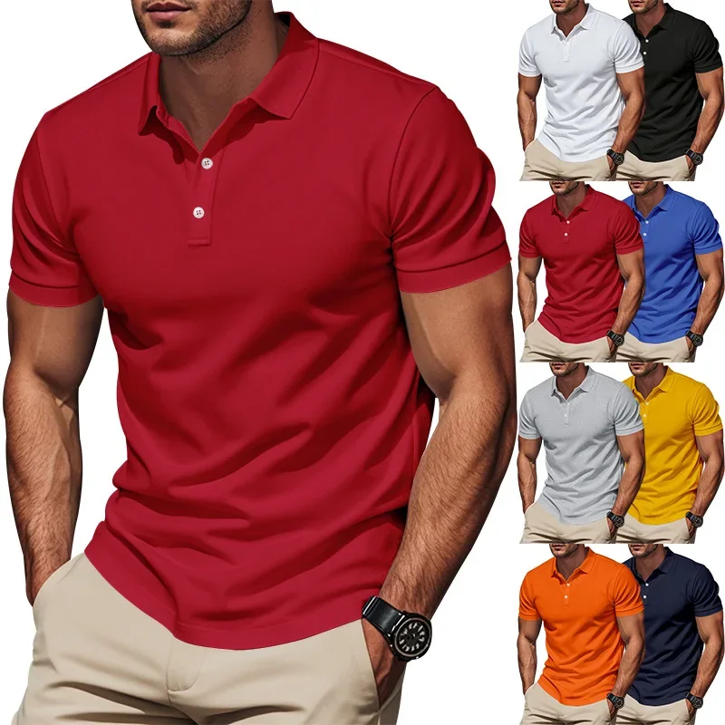 

Men New Shirts Short Sleeve POLO T Shirt Turn Down Collar Casual Shirts Business Pullover Button Summer Solid Spliced Loose 2025
