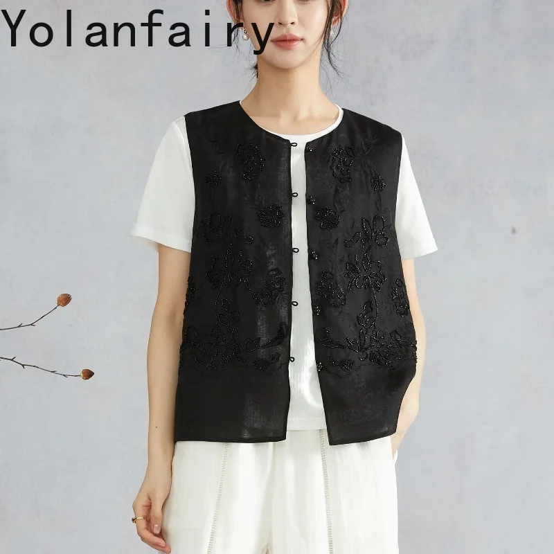 YOLANFAIRY Women's Tanks Summer 100% Mulberry Silk Organza Vest Beaded Embroidery Elegant Open Front Sleeveless Cardigan Top