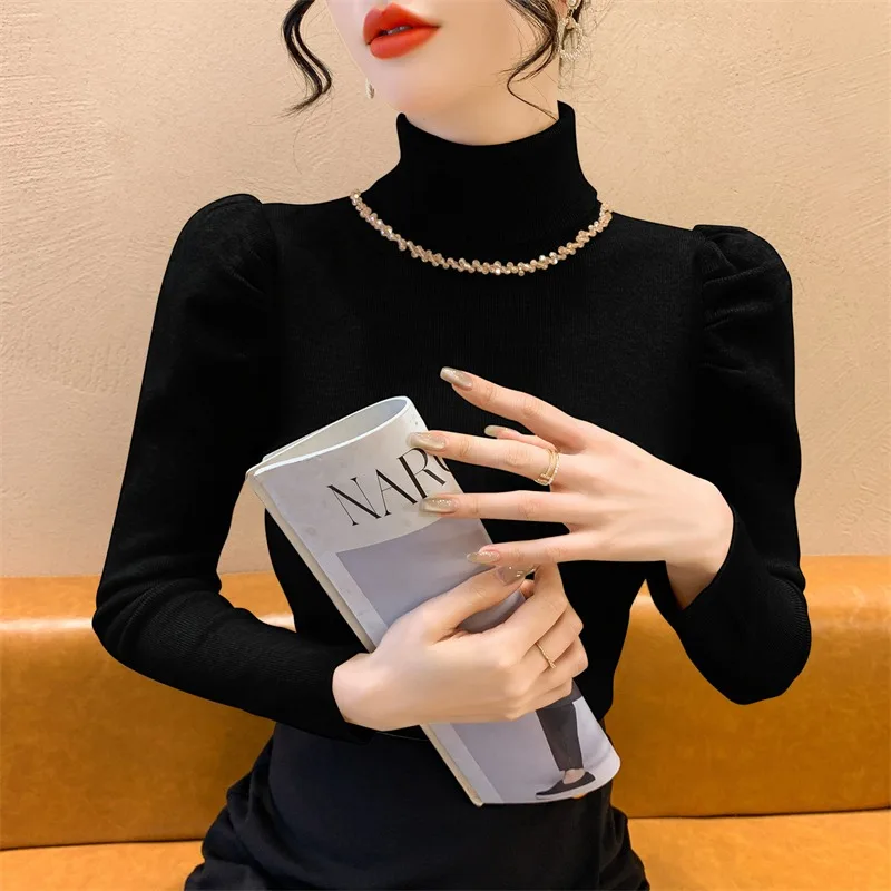 

Slim Fit High Collar Bubble Sve Knitted Sweater Women's Faion Inner irt Autumn Winter Diamond Embellied Knitwear