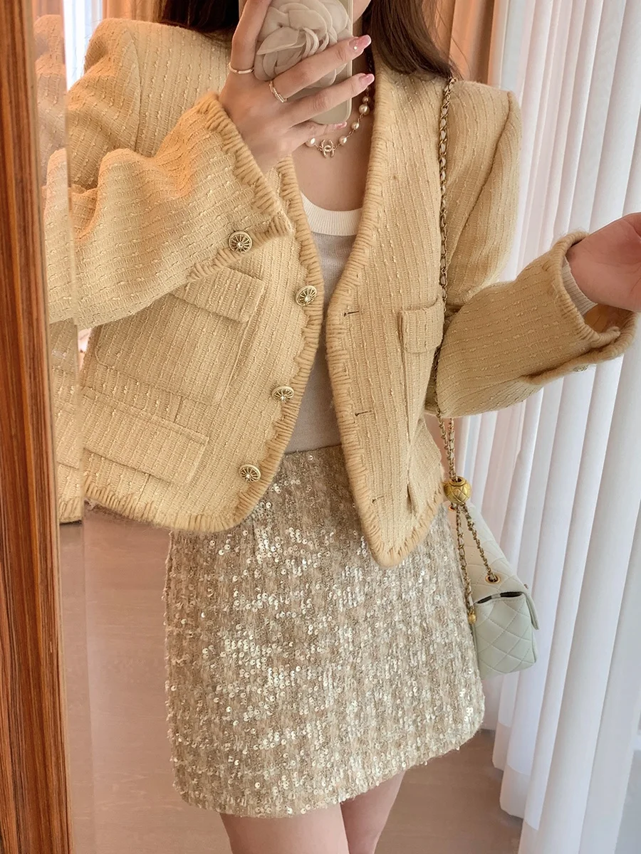 

MUKOK Luxury Embroidered Heavyweight Wool ort Jaet V-Ne Versatile Top for Women Ele Faion Ladies' Coat