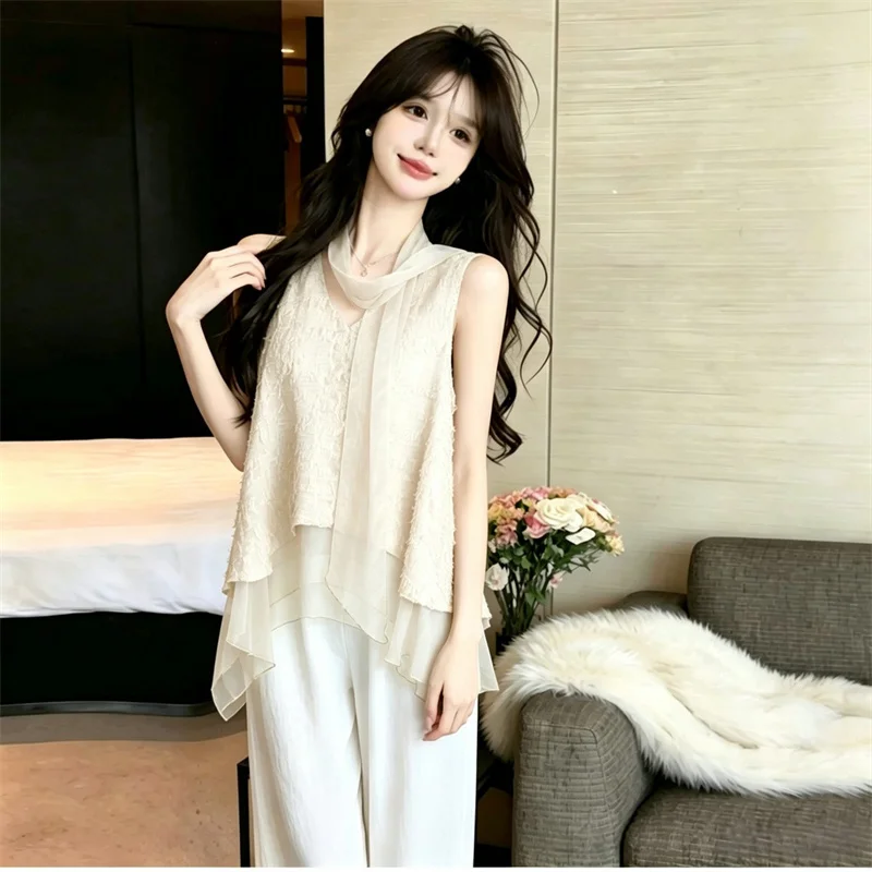 Fashion Spring and Summer Slack Lazy Wind Tulle Stitching Vest Female Niche V-neck Sleeveless Ribbon Joker Thin Vest Coat New