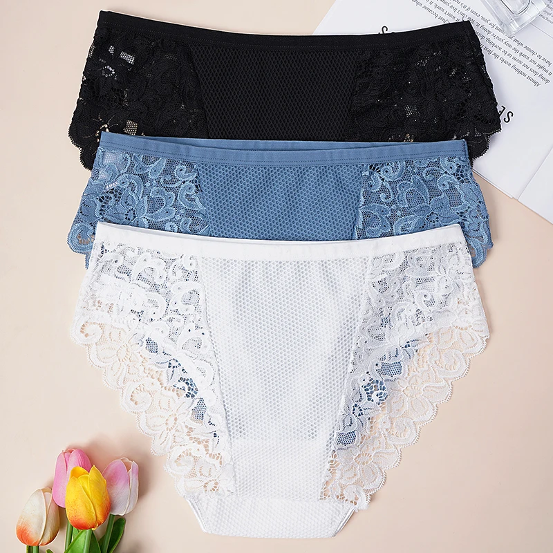 3ks/sada síťovaných krajkových patchworkových kalhotek, poloprůhledné sexy dámské květinové kalhotky, jednoduchý styl, pohodlné prodyšné spodní prádlo - náhled 4