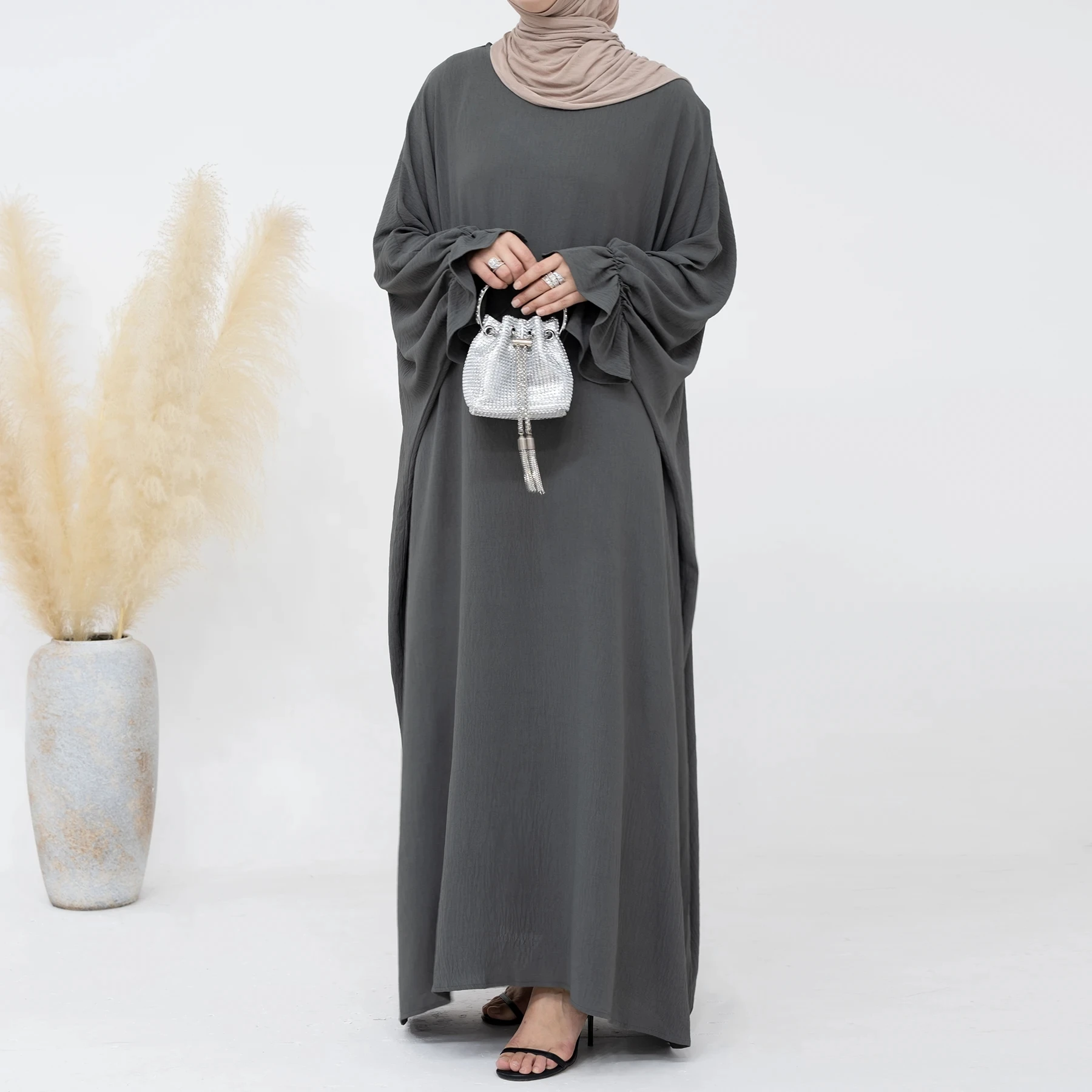 

Ramadan Abaya for Women Crepe Crinkle Batwing Plain Islamic Clothing Jilbab Muslim Long Dress Turkish Modest Kaftan Hijab Robe