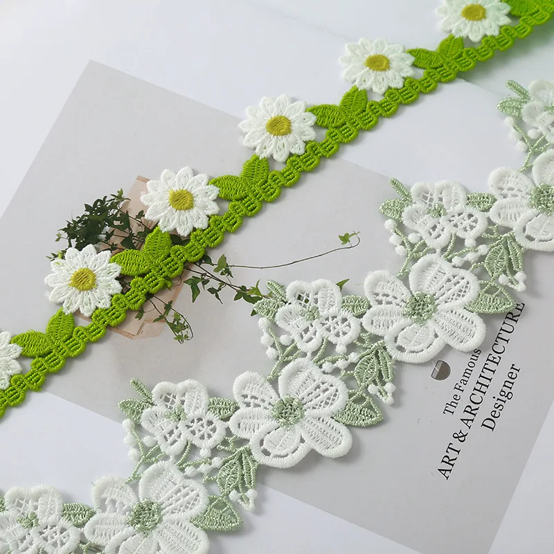 White and Green Flower Lace Applique Embroidered Cotton Lace Trim for DIY Dresses and Wedding Supplies Home Decoration 1Yard