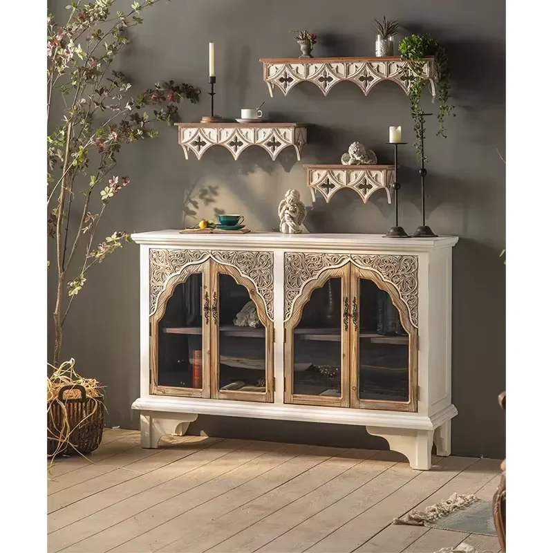 Rustic glass antique carving design art decoration cabinet door corner drawer collection vintage fir cabinet