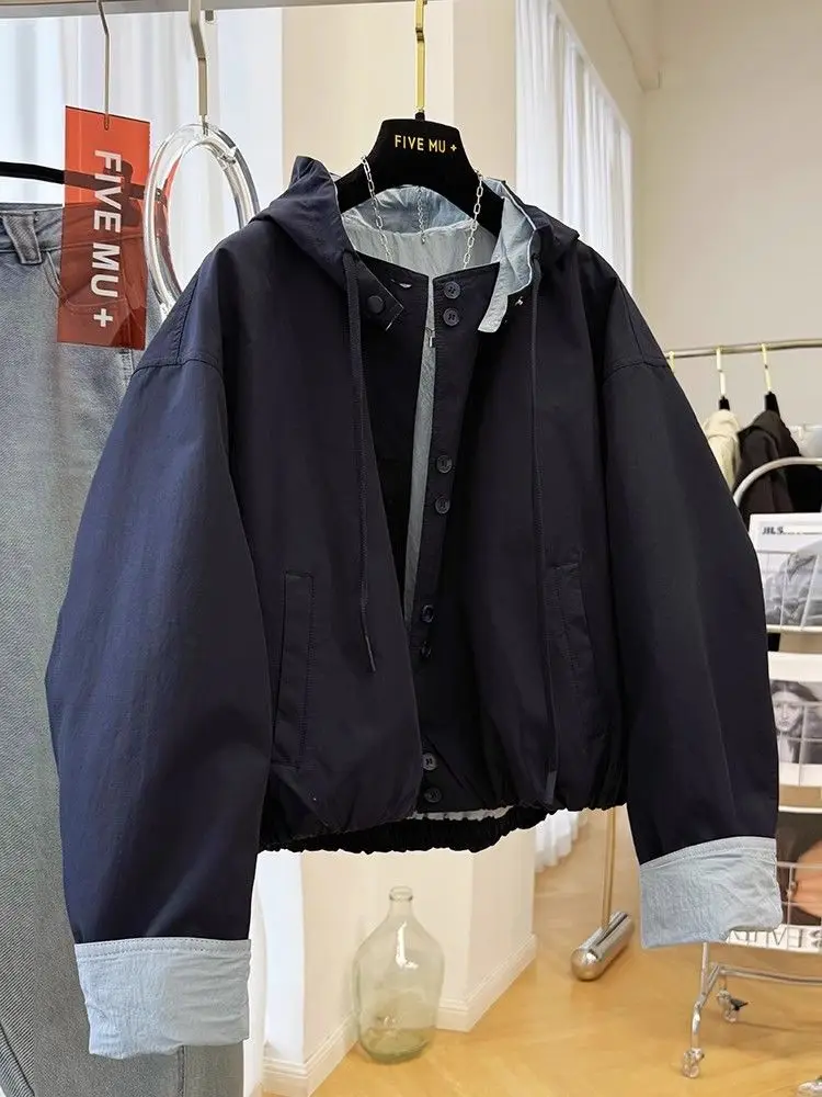 

Spring And Autumn Women's 2025 New Collection Color Blocked Hooded Short Coat Women's Casual Loose Jacket Top