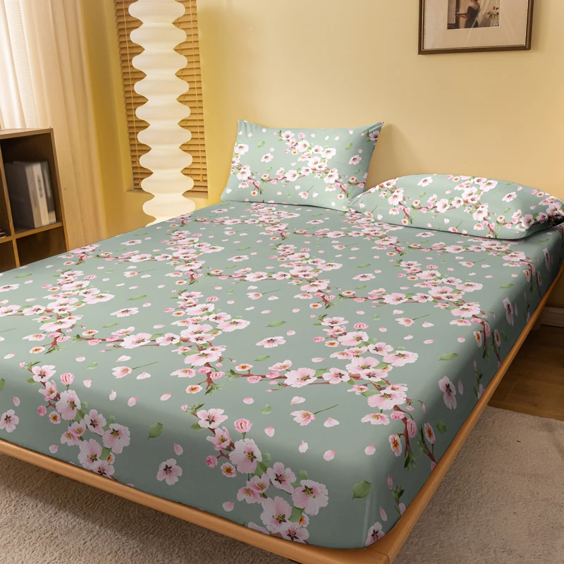 1 Simple Modern Plant Flower Printed Matte Fitted Sheet, Bedroom Printed Bed Cover, Bedding (Excluding Pillowcases)