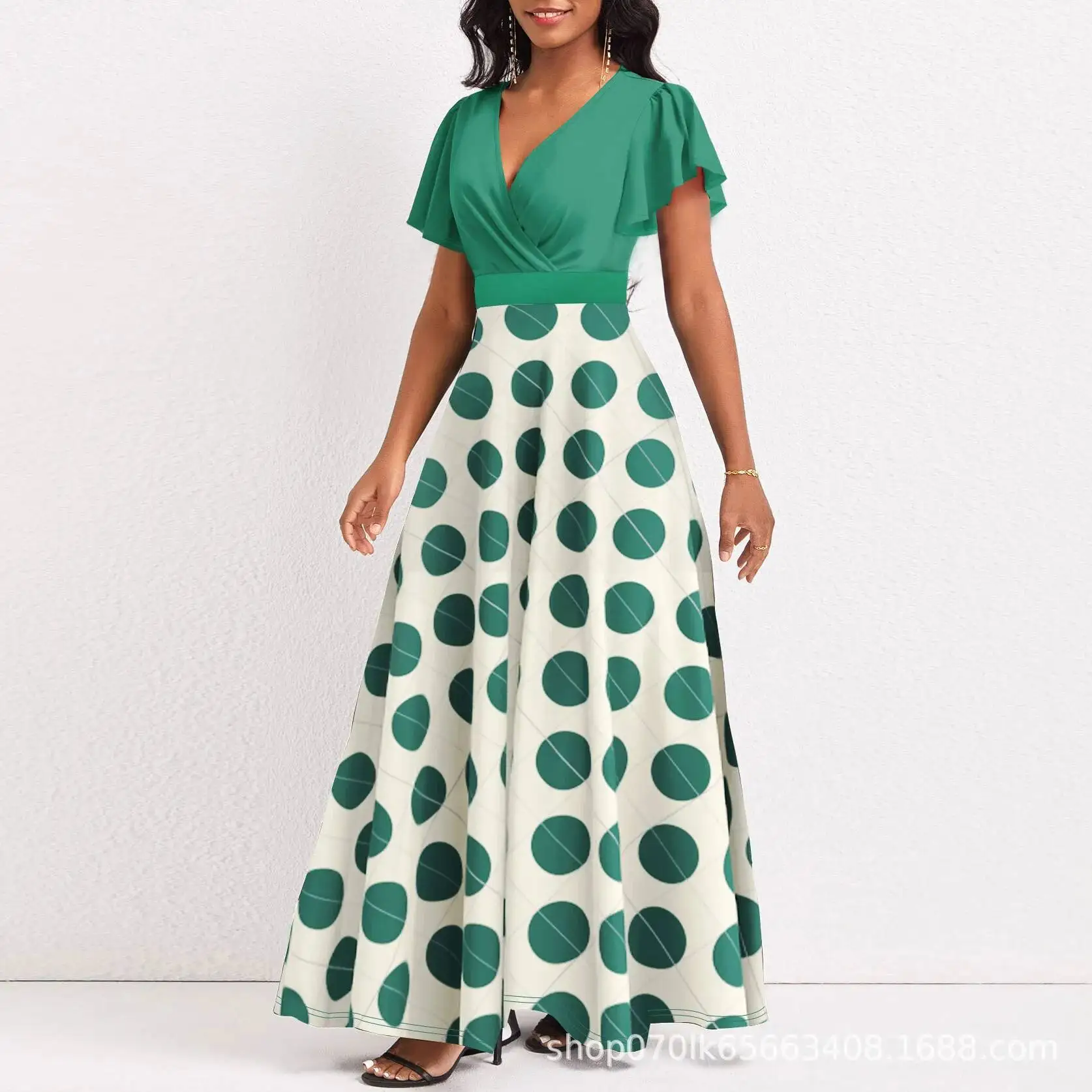 

Commuting Women's Spring/summer Style Design Sense V-cross Neck Green Polka Dot Long Dress Party Summer Elegantes Casual Y2k