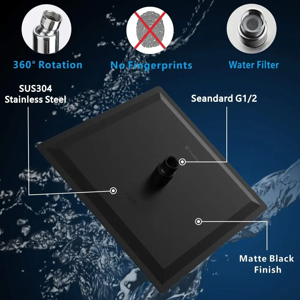 12 رأس دش مربع كبير معدني بالكامل مع 13 ذراع معقوفة، تصميم شلال عالي التدفق باللون الأسود #4