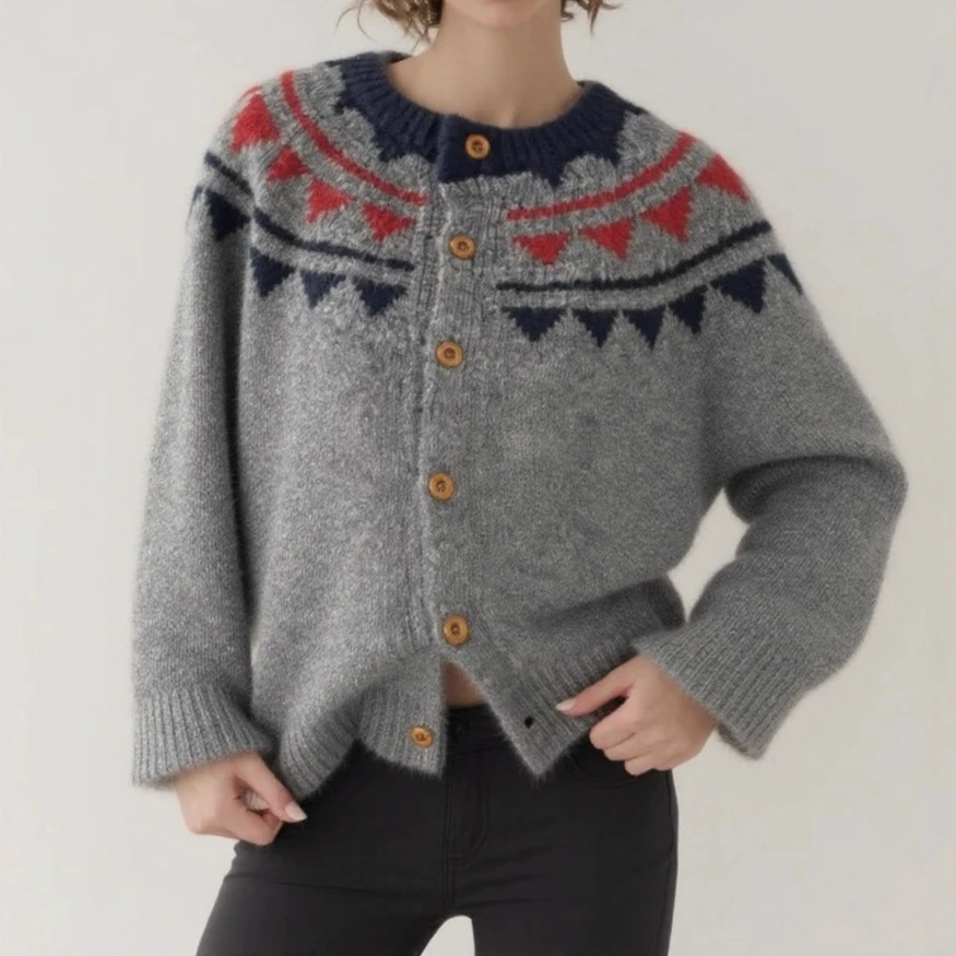 

Женский вязаный кардиган 2026 года, лоскутный джемпер, однобортный, с круглым вырезом, длинными рукавами, на пуговицах, свободный, повседневный, осенне-зимний
