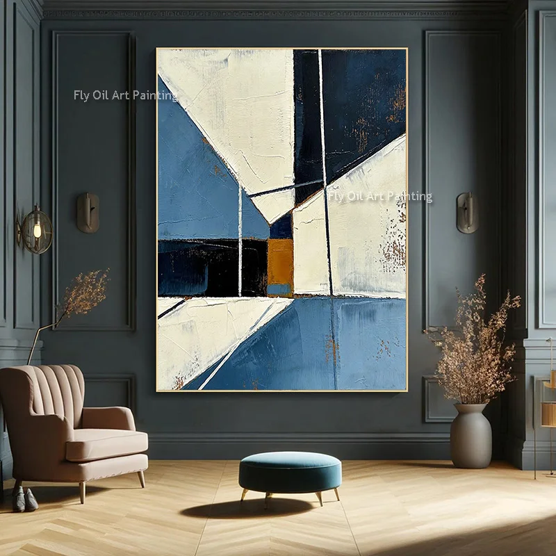 Original Hand Drawn Black Blue White Simple Abstract Canvas Artwork Popular Red Black Beige Canvas Oil Painting For Living Room