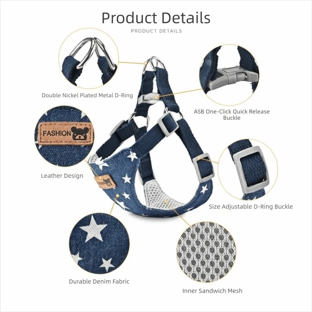 Verstellbares Hundegeschirr-Set mit Leine aus Denim-Netzstoff, Ausbruchsicheres Haustiergeschirr, Atmungsaktives Westen-Hundegeschirr – Detail 9
