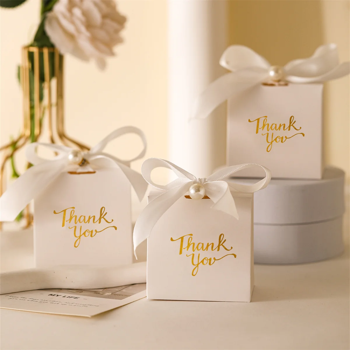 10pcs Paper Gift Boxes with Golden \'Thank You\' Labels, Including Ribbons and Beads - Perfect for Birthdays, Weddings