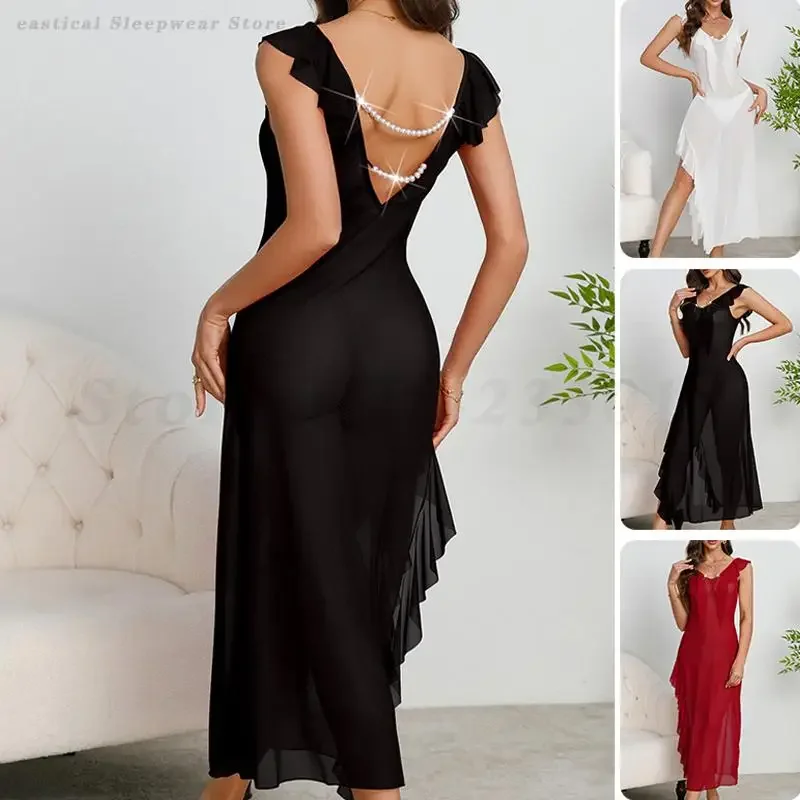 Female Exotic V-Neck Nightgown Sexy Backless Transparent Lingerie Nightdress Home Dress Sleeveless Long Split Chemise Sleepwear
