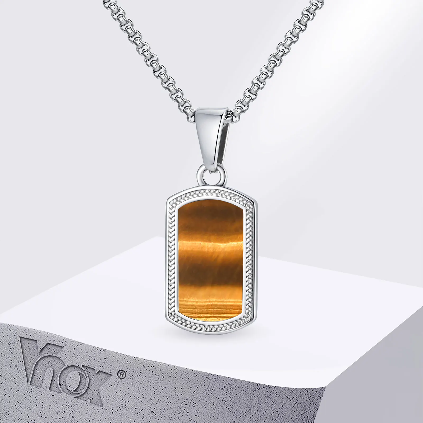 Vnox Stainless Steel Tiger Eye Stone Pendant Necklace for Men, Vintage Rectangular Hypoallergenic Box Chain Dog Tag Jewelry Gift