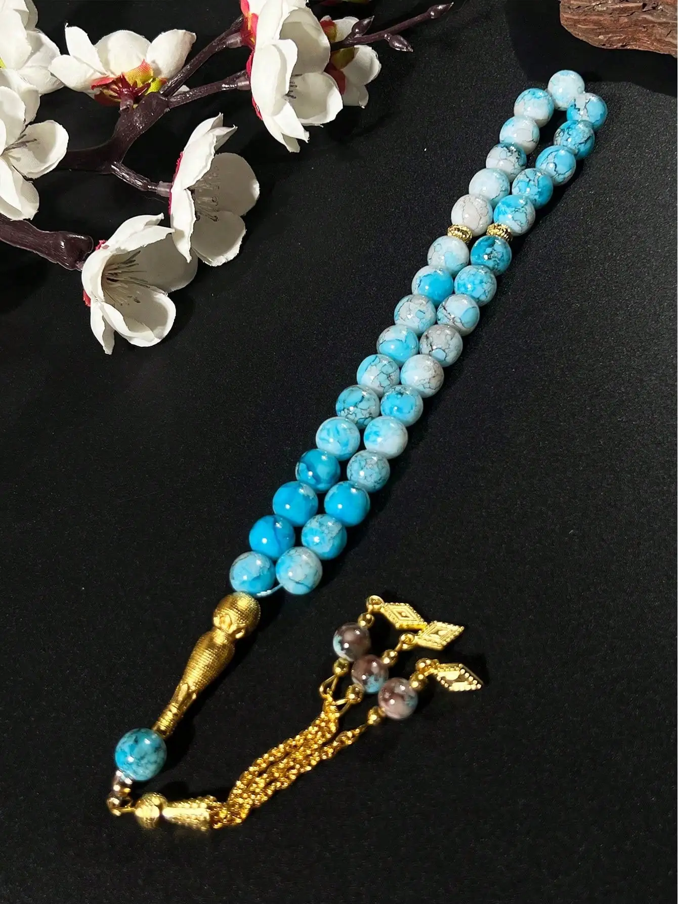 33 perles de prière musulmanes en verre, bracelet en verre avec pompon doré, perles de comptage portables