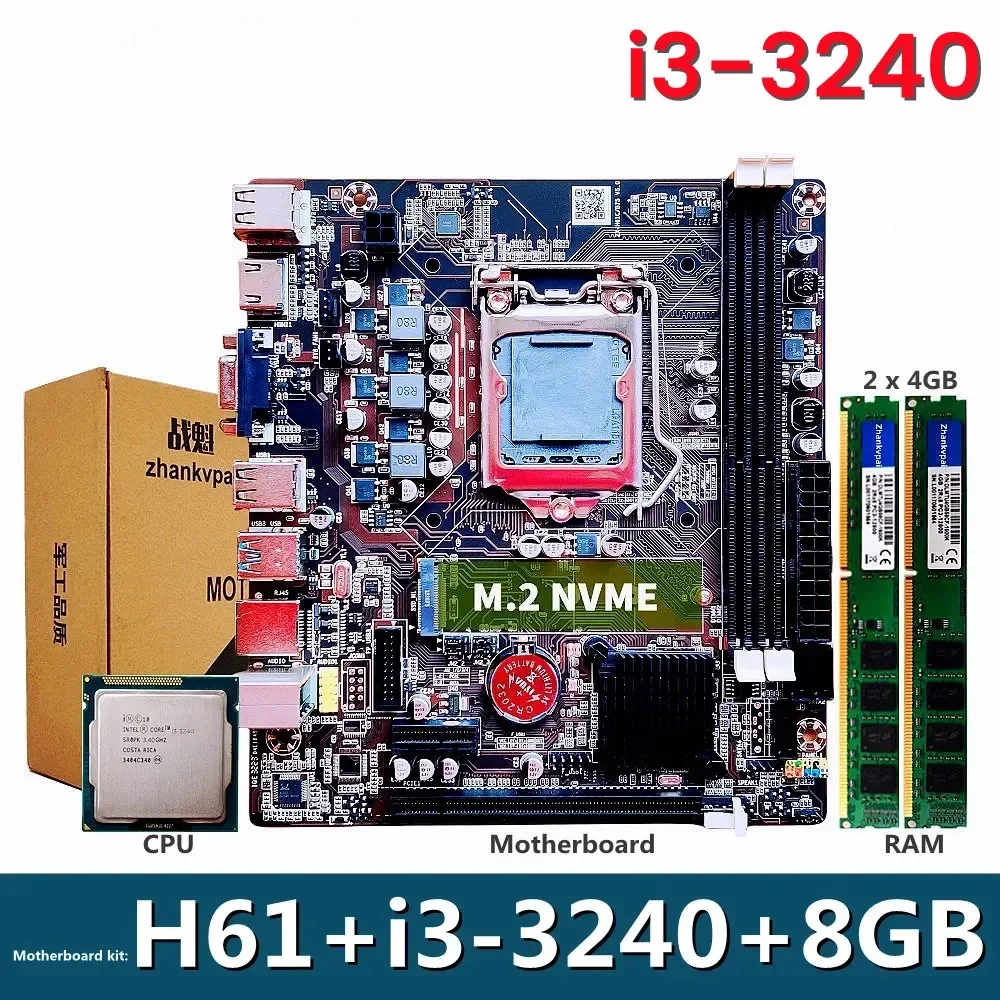 H61 LGA1155 Desktop Motherboard For Intel Set With Core Duo 3.4GHZ Cpu i3-3240 DDR3 8GB Memory Computer Mainboard Assemble M.2