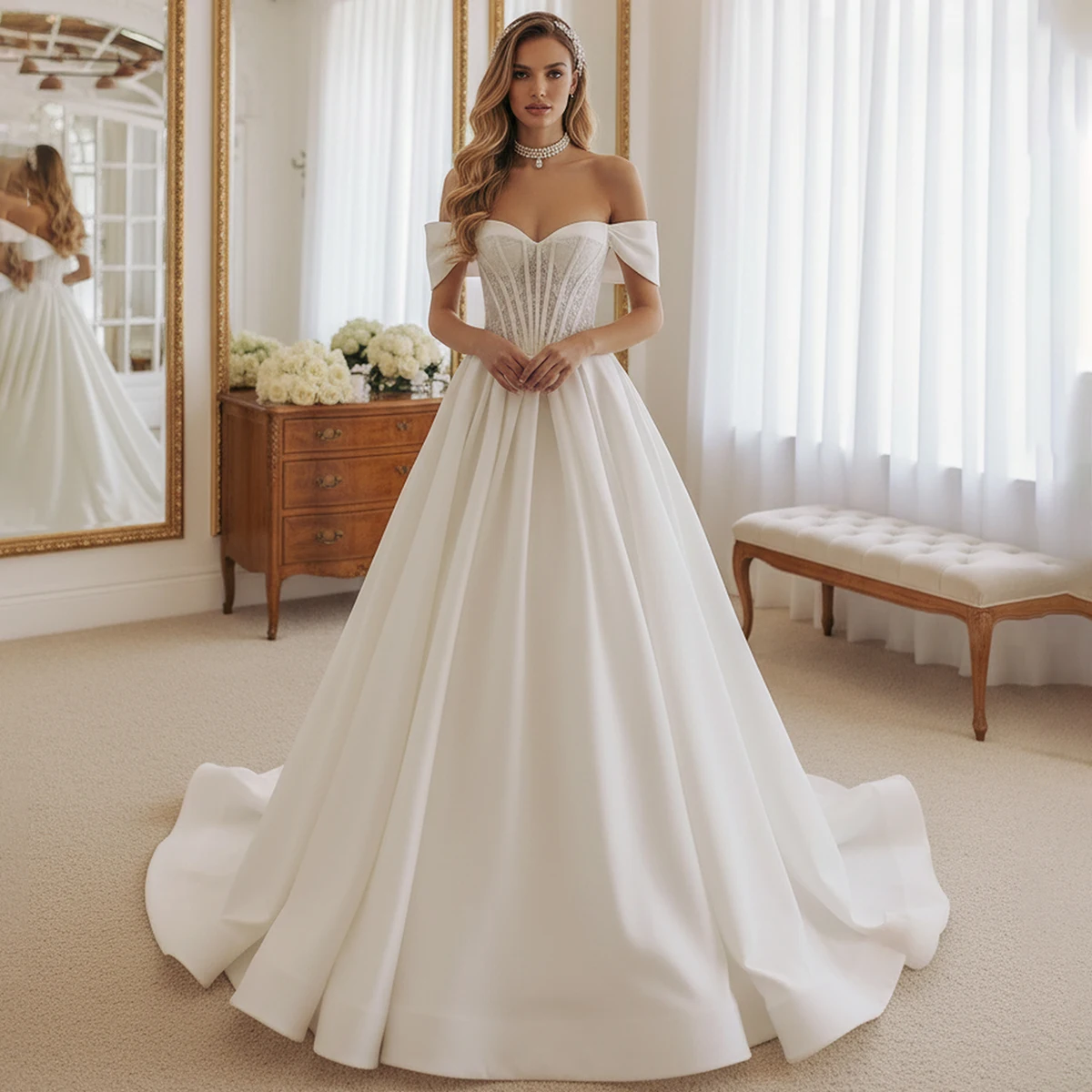 

Romantic Satin Lace Sweetheart Wedding Dress Off Shoulder Appliques Ball Gown For Bride Long Bridal Gown For Women