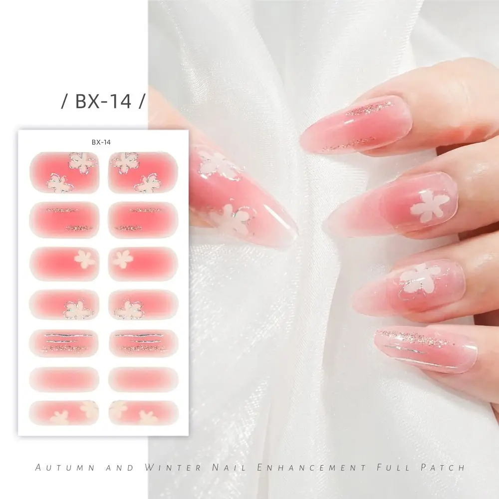 14 tiras de adesivos de gel para unhas, semi-curados, com cobertura total, para nail art francês, adesivos de esmalte em gel, adesivos florais e brilh