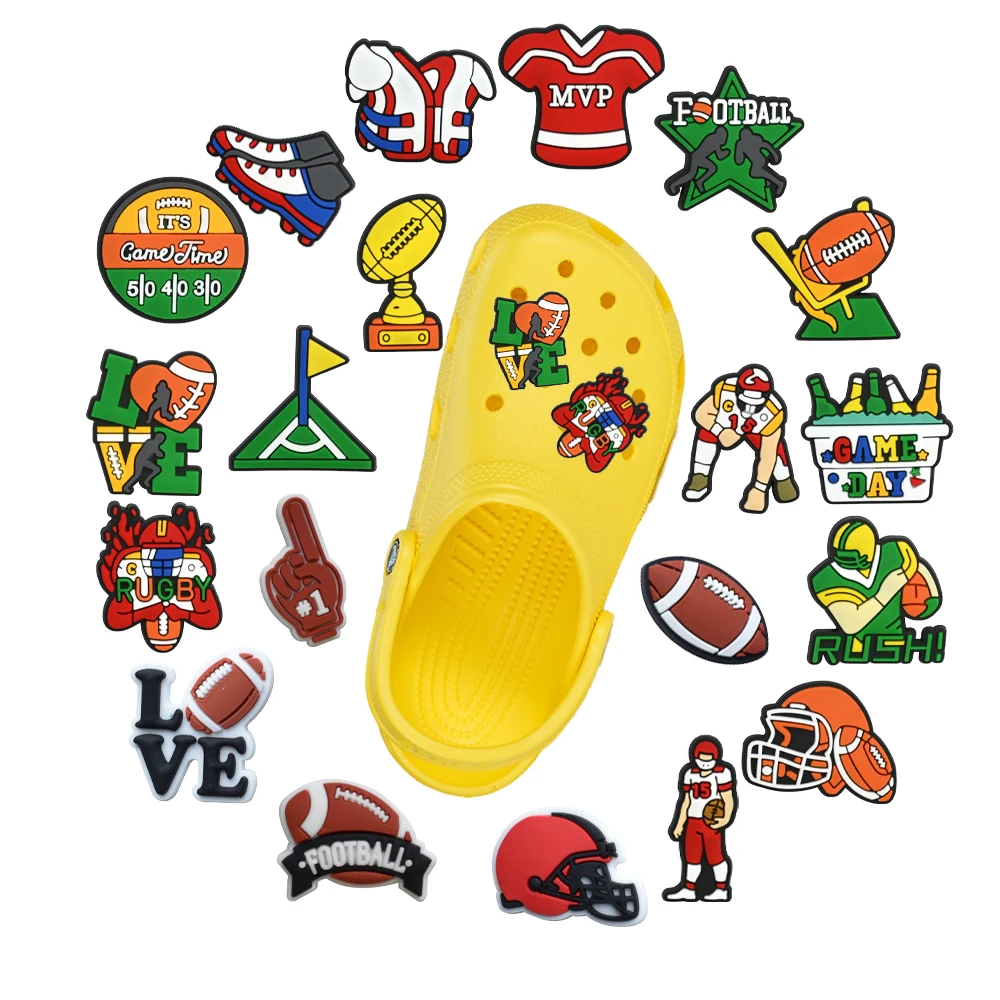 

НОВИНКА: 20 шт. мультяшных шармов для обуви из ПВХ, серия «Регби», с отверстиями, для браслетов, съемные, для творчества, подарки