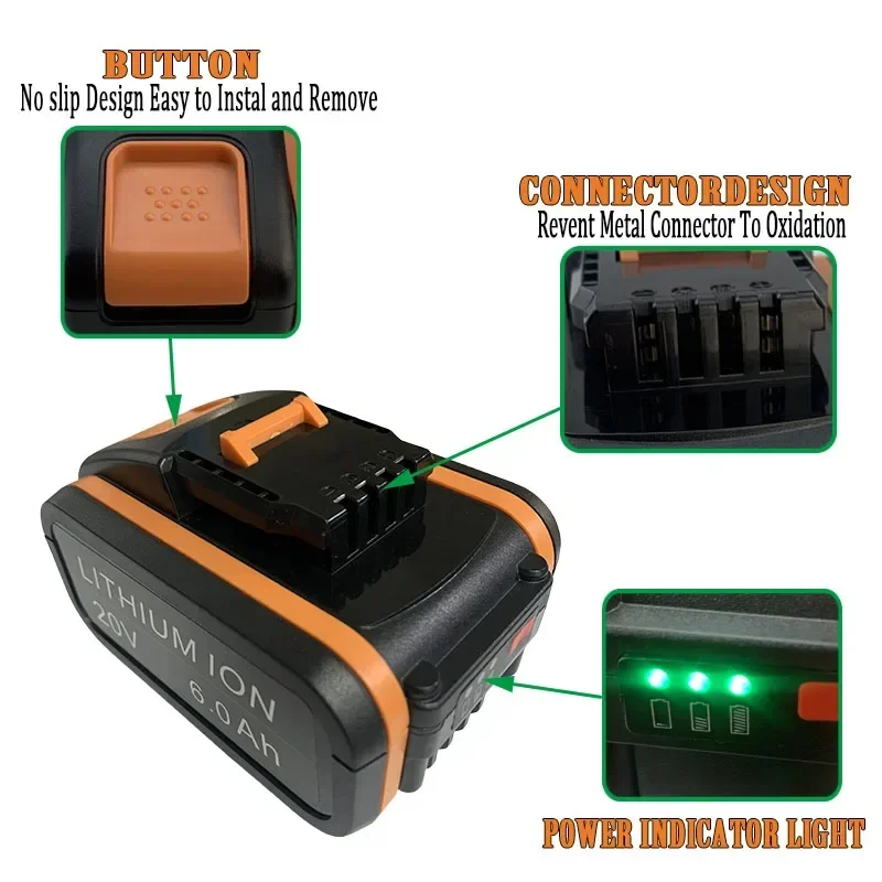 Oryginalny 20V 6000mAh dla WORX WA3553 WG630 WG629 WX372 WX390 WX394 WX550 WX523 WX802 WX858 WX900 akumulator do elektronarzędzi