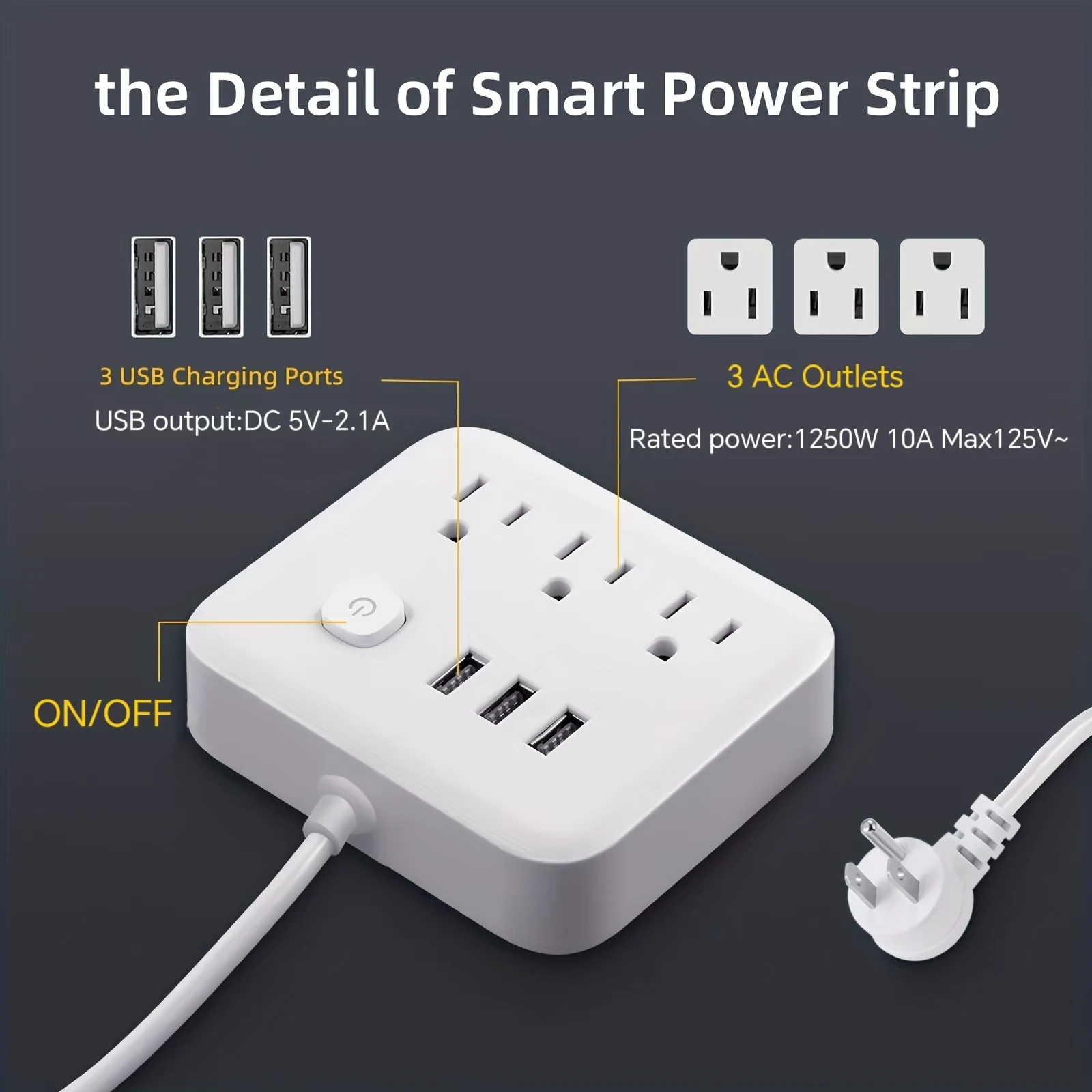 Power Strip Extender with 3AC Outlets 3 USB Ports 1.4M 45° Plug Extension Cord Desktop Charging Station Multi-Tap Socket Adapter