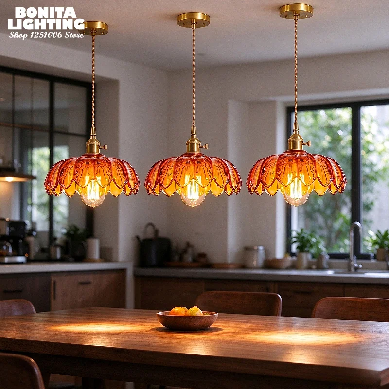 French Flower Glass Ceiling & Pendant Light with Switch Vintage Brass Hanging Lamp for Dining Room Bedroom Kitchen Island Decor