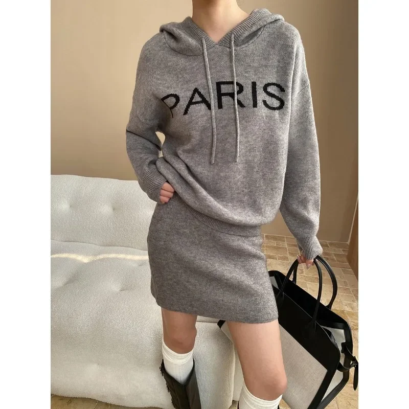 

Women Casual Fashion Embroidered Letter Hooded Sweater Short Skirt Two-piece Suit Loose Sweet Long-sleeved Sweater Lady Set