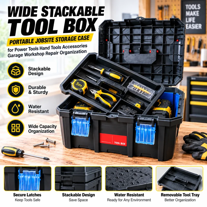 Wide Stackable Tool Box Portable Jobsite Storage Case for Power Tools Hand Tools Accessories Garage Workshop Repair Organization