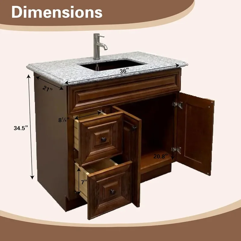 36 Maple Walnut Bathroom Vanity Base Ready to Assemble Sink Cabinet with Drawers Shaker Style Storage Base Only No Top or