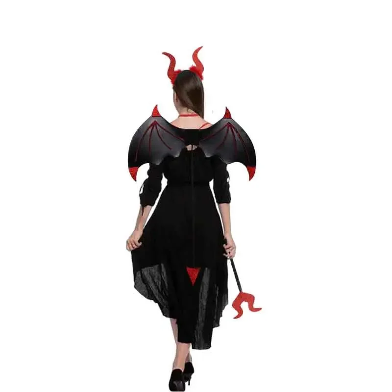 Children Boy Girl  Halloween Devil Wings with Tail Horn Headband and Fork Devil Costume Set  Party Cosplay Fancy Dress Red Black